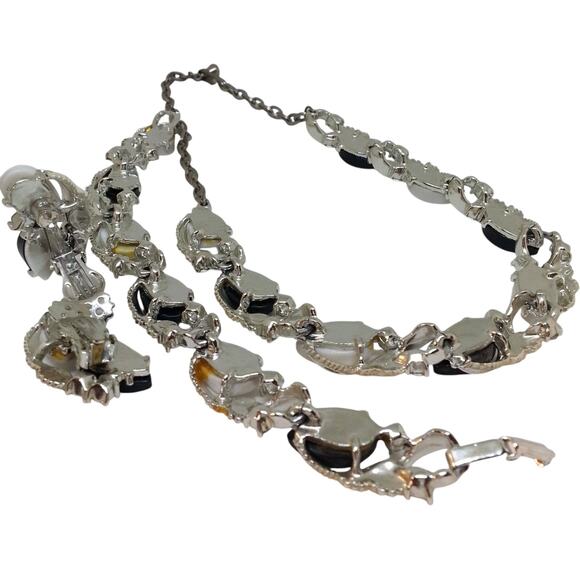 Black White Necklace Bracelet Clip Earrings AB Rhinestone Thermoset Acrylic - Picture 3 of 11